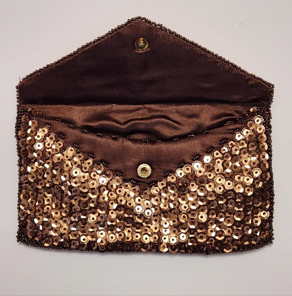 Vintage Walborg Beaded Sequin Chocolate Brown Clutch Bag